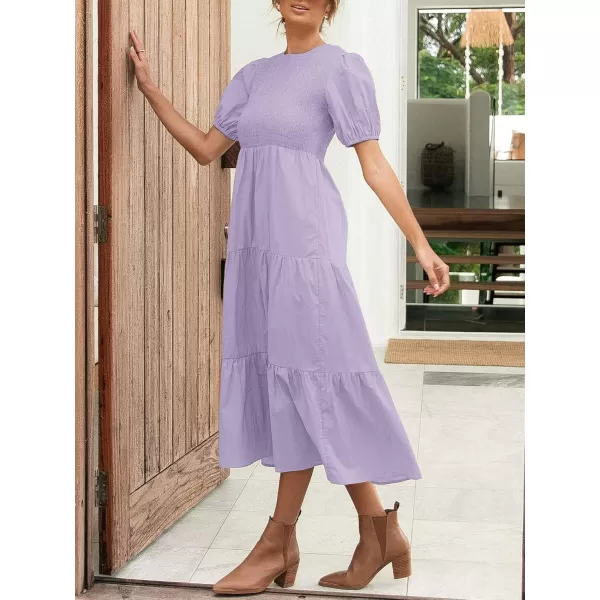 ZESICA Womens 2024 Casual Summer Crew Neck Short Puff Sleeve Smocked High Waist Ruffle Tiered A Line Midi DressPurple
