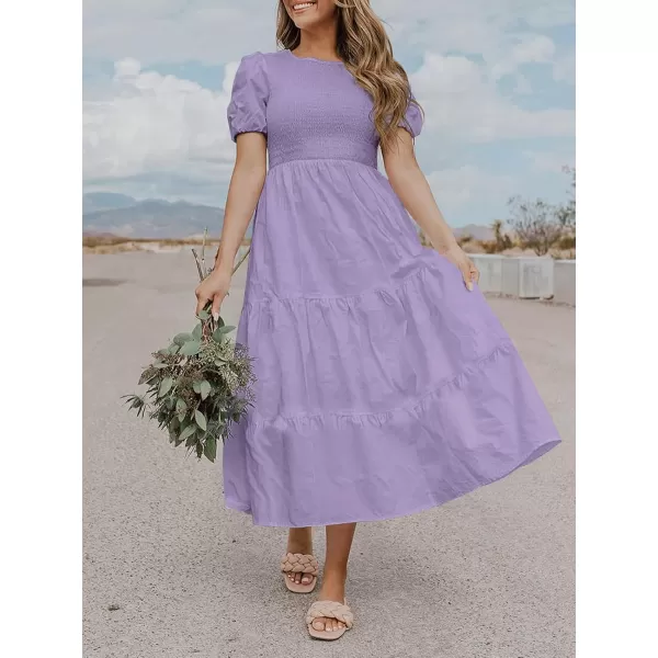 ZESICA Womens 2024 Casual Summer Crew Neck Short Puff Sleeve Smocked High Waist Ruffle Tiered A Line Midi DressPurple