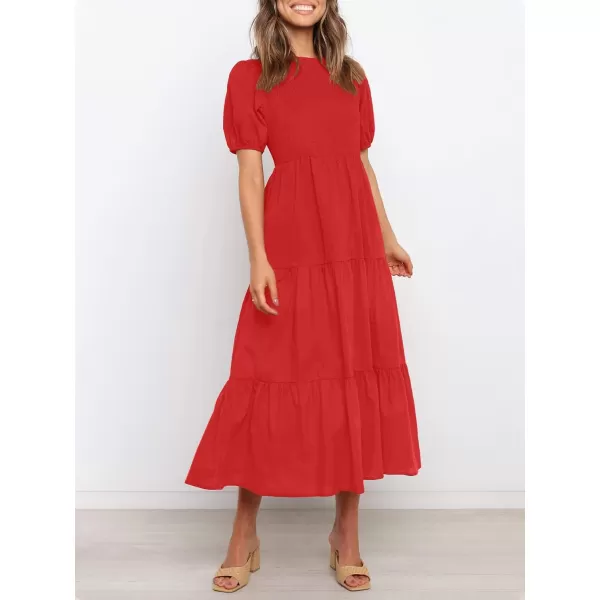 ZESICA Womens 2024 Casual Summer Crew Neck Short Puff Sleeve Smocked High Waist Ruffle Tiered A Line Midi DressRed