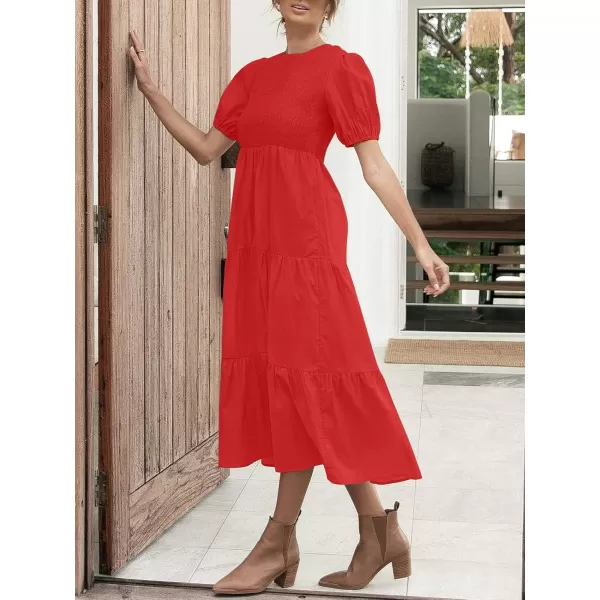 ZESICA Womens 2024 Casual Summer Crew Neck Short Puff Sleeve Smocked High Waist Ruffle Tiered A Line Midi DressRed