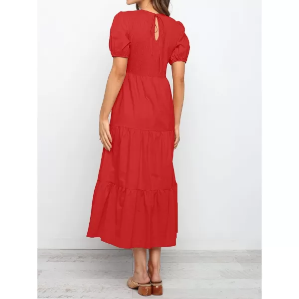 ZESICA Womens 2024 Casual Summer Crew Neck Short Puff Sleeve Smocked High Waist Ruffle Tiered A Line Midi DressRed