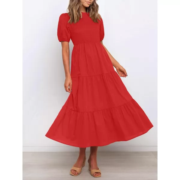 ZESICA Womens 2024 Casual Summer Crew Neck Short Puff Sleeve Smocked High Waist Ruffle Tiered A Line Midi DressRed
