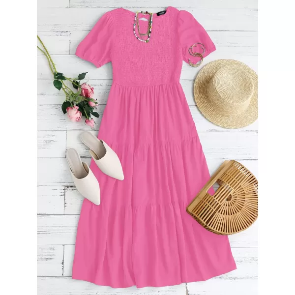 ZESICA Womens 2024 Casual Summer Crew Neck Short Puff Sleeve Smocked High Waist Ruffle Tiered A Line Midi DressRose