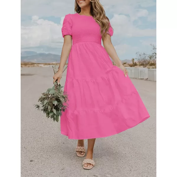 ZESICA Womens 2024 Casual Summer Crew Neck Short Puff Sleeve Smocked High Waist Ruffle Tiered A Line Midi DressRose