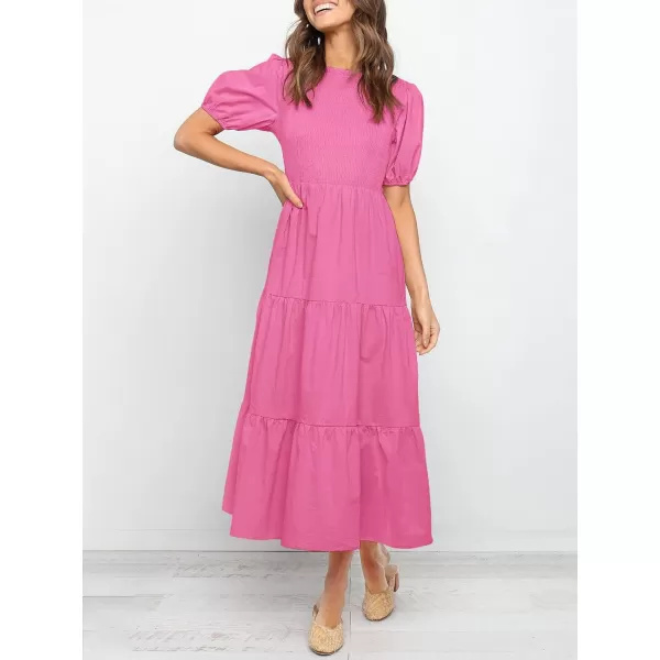ZESICA Womens 2024 Casual Summer Crew Neck Short Puff Sleeve Smocked High Waist Ruffle Tiered A Line Midi DressRose