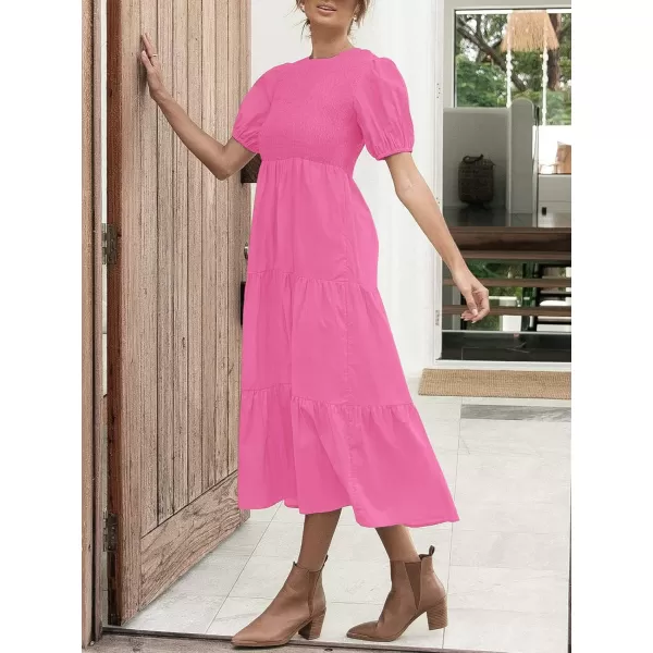 ZESICA Womens 2024 Casual Summer Crew Neck Short Puff Sleeve Smocked High Waist Ruffle Tiered A Line Midi DressRose