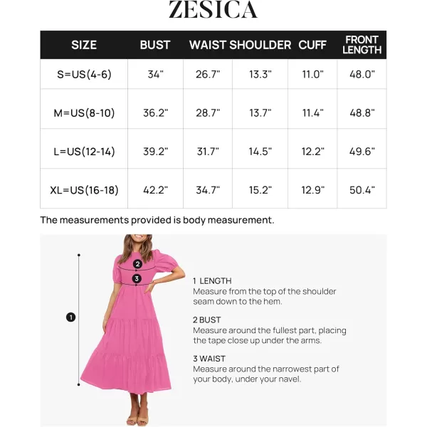 ZESICA Womens 2024 Casual Summer Crew Neck Short Puff Sleeve Smocked High Waist Ruffle Tiered A Line Midi DressRose
