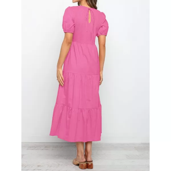 ZESICA Womens 2024 Casual Summer Crew Neck Short Puff Sleeve Smocked High Waist Ruffle Tiered A Line Midi DressRose
