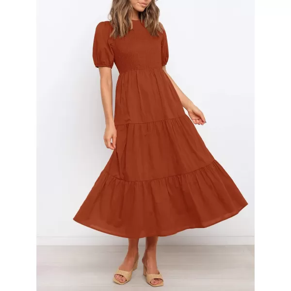 ZESICA Womens 2024 Casual Summer Crew Neck Short Puff Sleeve Smocked High Waist Ruffle Tiered A Line Midi DressRust