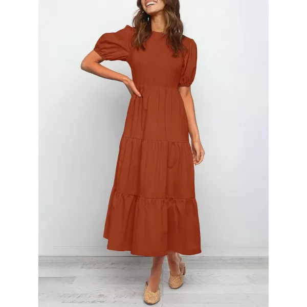 ZESICA Womens 2024 Casual Summer Crew Neck Short Puff Sleeve Smocked High Waist Ruffle Tiered A Line Midi DressRust