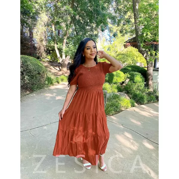 ZESICA Womens 2024 Casual Summer Crew Neck Short Puff Sleeve Smocked High Waist Ruffle Tiered A Line Midi DressRust