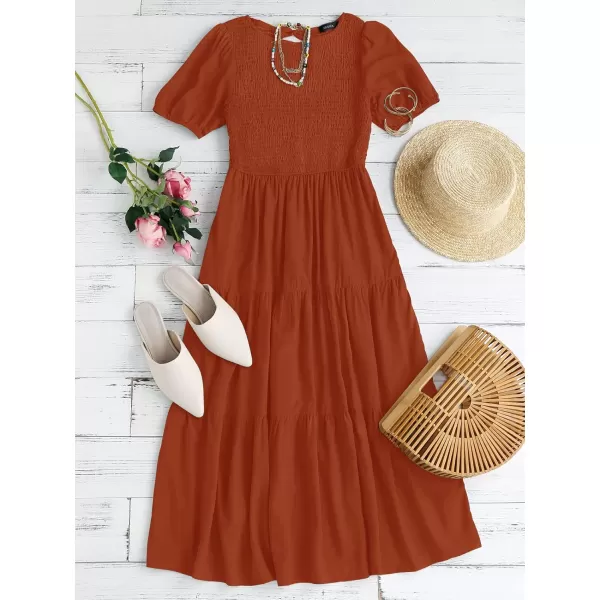 ZESICA Womens 2024 Casual Summer Crew Neck Short Puff Sleeve Smocked High Waist Ruffle Tiered A Line Midi DressRust
