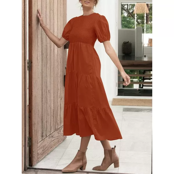 ZESICA Womens 2024 Casual Summer Crew Neck Short Puff Sleeve Smocked High Waist Ruffle Tiered A Line Midi DressRust