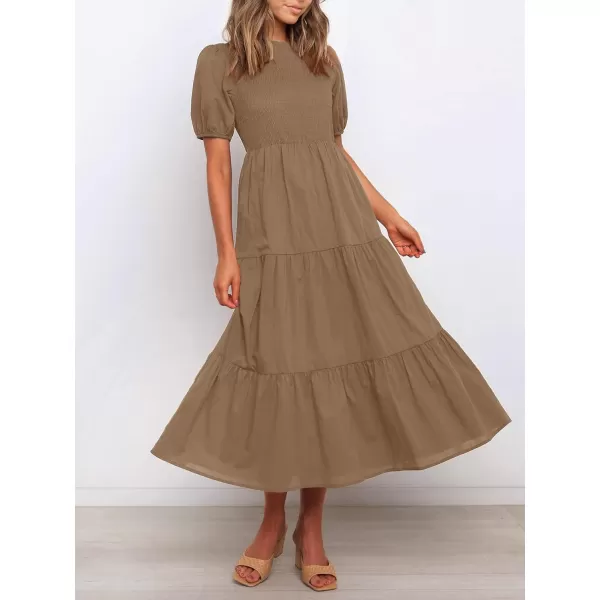 ZESICA Womens 2024 Casual Summer Crew Neck Short Puff Sleeve Smocked High Waist Ruffle Tiered A Line Midi DressTan