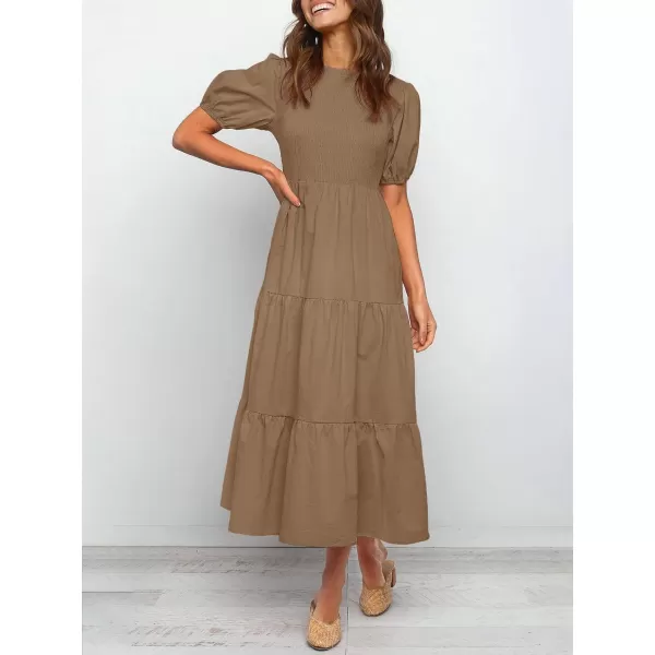 ZESICA Womens 2024 Casual Summer Crew Neck Short Puff Sleeve Smocked High Waist Ruffle Tiered A Line Midi DressTan