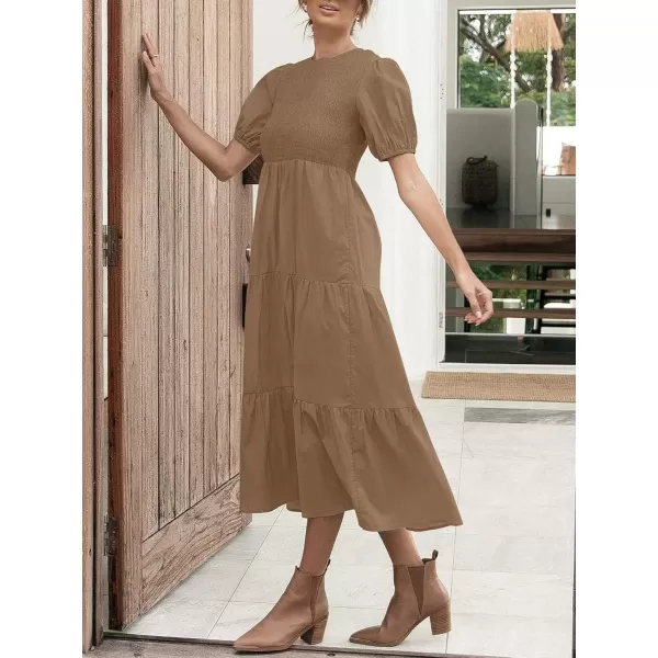 ZESICA Womens 2024 Casual Summer Crew Neck Short Puff Sleeve Smocked High Waist Ruffle Tiered A Line Midi DressTan