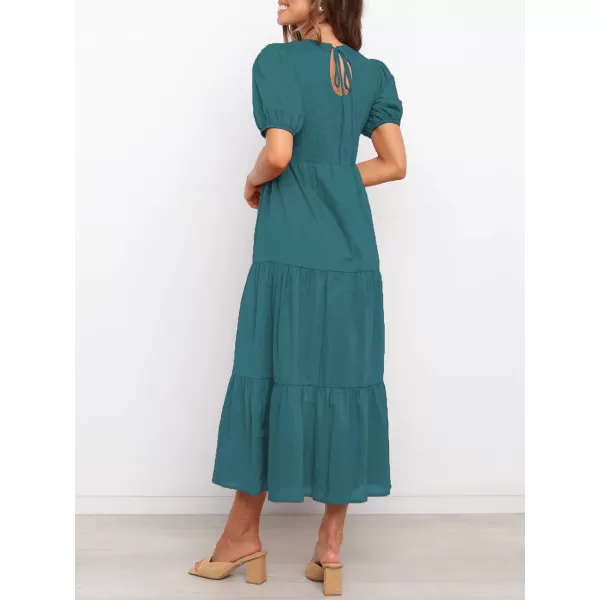 ZESICA Womens 2024 Casual Summer Crew Neck Short Puff Sleeve Smocked High Waist Ruffle Tiered A Line Midi DressTeal