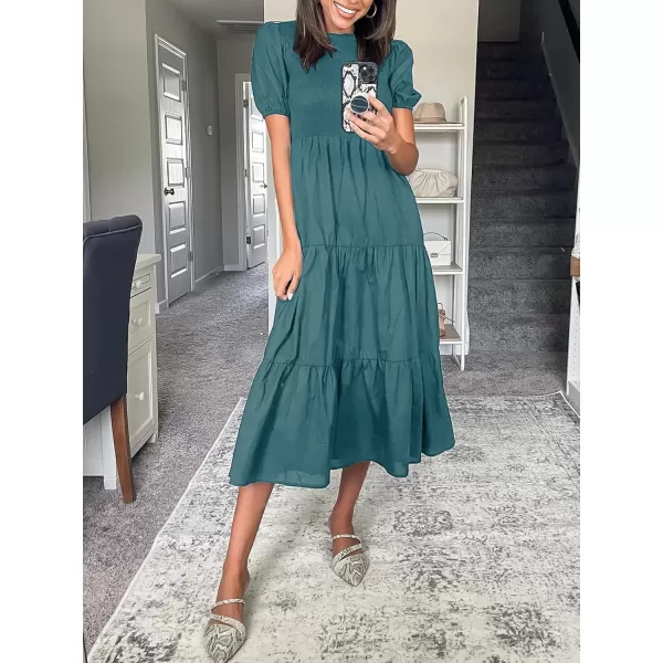 ZESICA Womens 2024 Casual Summer Crew Neck Short Puff Sleeve Smocked High Waist Ruffle Tiered A Line Midi DressTeal
