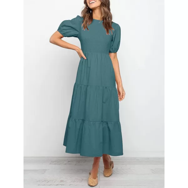 ZESICA Womens 2024 Casual Summer Crew Neck Short Puff Sleeve Smocked High Waist Ruffle Tiered A Line Midi DressTeal