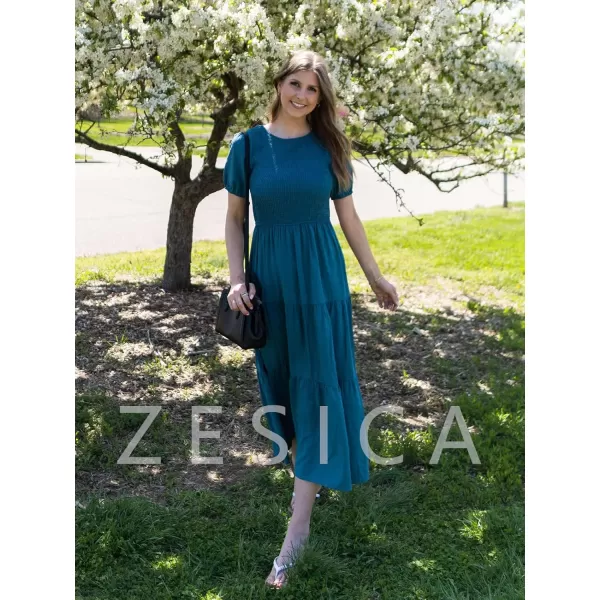 ZESICA Womens 2024 Casual Summer Crew Neck Short Puff Sleeve Smocked High Waist Ruffle Tiered A Line Midi DressTeal