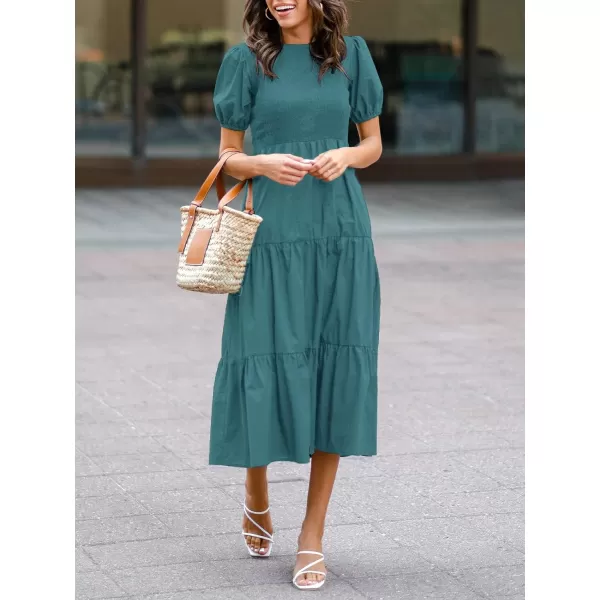 ZESICA Womens 2024 Casual Summer Crew Neck Short Puff Sleeve Smocked High Waist Ruffle Tiered A Line Midi DressTeal