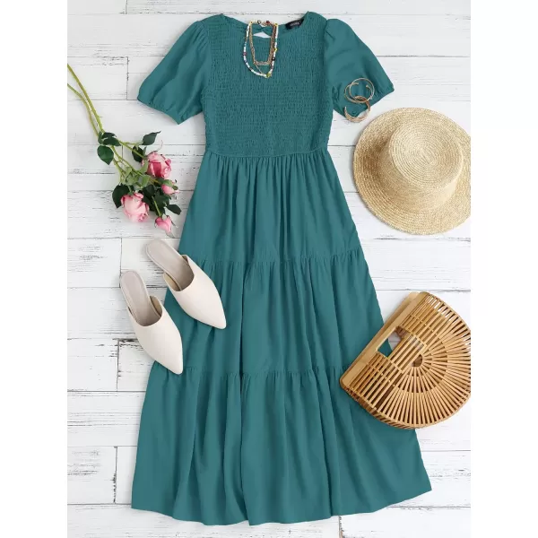 ZESICA Womens 2024 Casual Summer Crew Neck Short Puff Sleeve Smocked High Waist Ruffle Tiered A Line Midi DressTeal