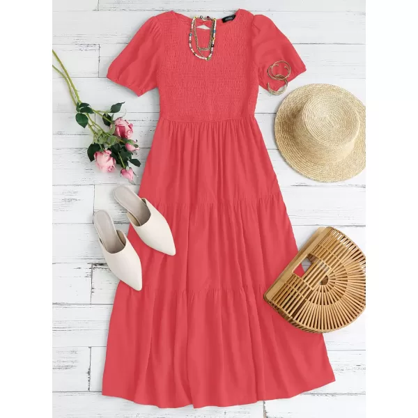 ZESICA Womens 2024 Casual Summer Crew Neck Short Puff Sleeve Smocked High Waist Ruffle Tiered A Line Midi DressWatermelon