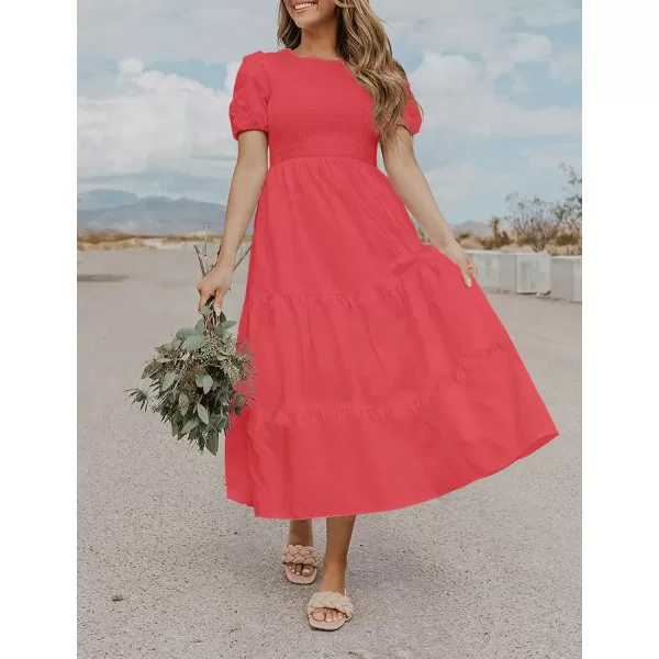 ZESICA Womens 2024 Casual Summer Crew Neck Short Puff Sleeve Smocked High Waist Ruffle Tiered A Line Midi DressWatermelon