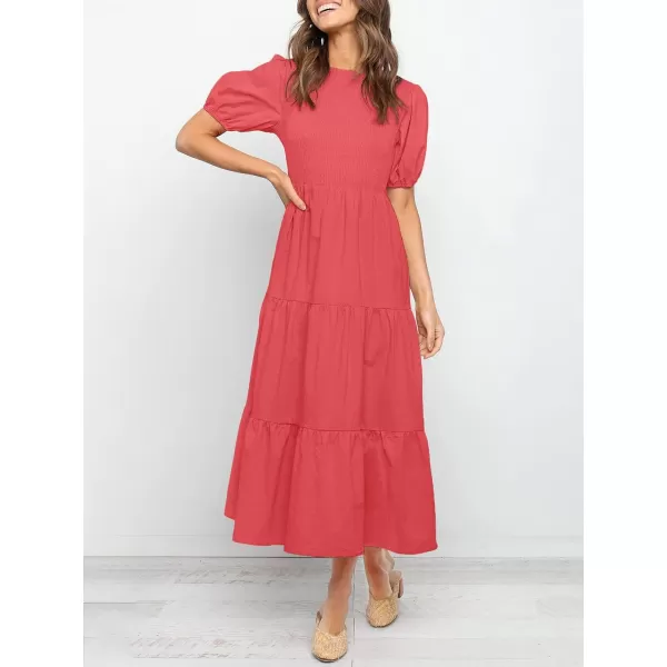 ZESICA Womens 2024 Casual Summer Crew Neck Short Puff Sleeve Smocked High Waist Ruffle Tiered A Line Midi DressWatermelon