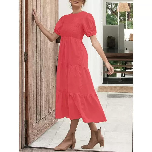 ZESICA Womens 2024 Casual Summer Crew Neck Short Puff Sleeve Smocked High Waist Ruffle Tiered A Line Midi DressWatermelon