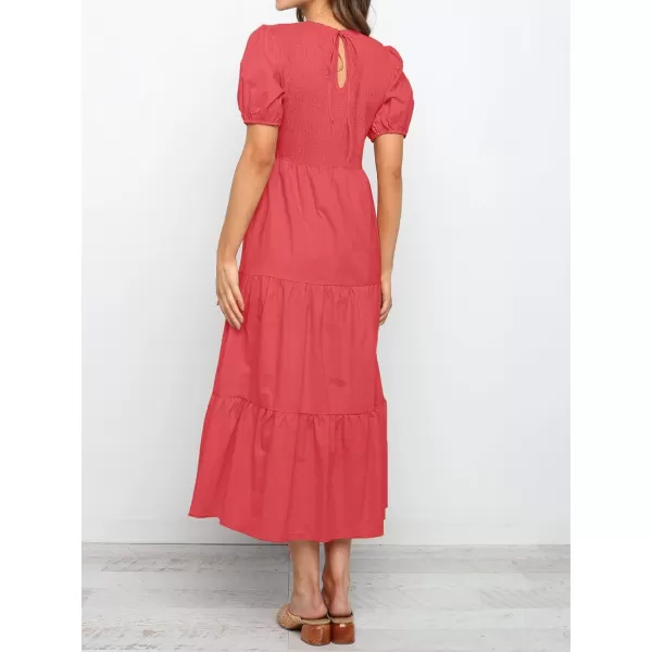 ZESICA Womens 2024 Casual Summer Crew Neck Short Puff Sleeve Smocked High Waist Ruffle Tiered A Line Midi DressWatermelon