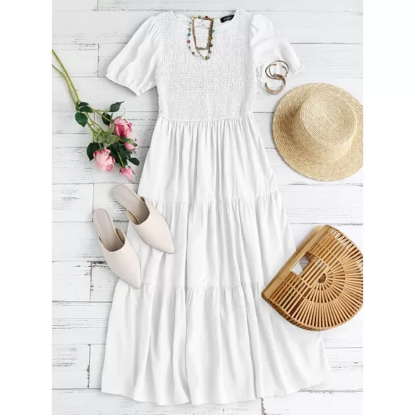 ZESICA Womens 2024 Casual Summer Crew Neck Short Puff Sleeve Smocked High Waist Ruffle Tiered A Line Midi DressWhite