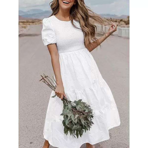 ZESICA Womens 2024 Casual Summer Crew Neck Short Puff Sleeve Smocked High Waist Ruffle Tiered A Line Midi DressWhite