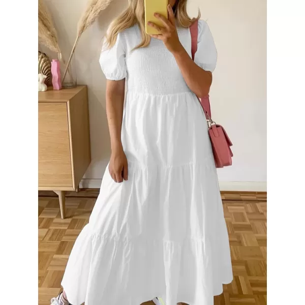 ZESICA Womens 2024 Casual Summer Crew Neck Short Puff Sleeve Smocked High Waist Ruffle Tiered A Line Midi DressWhite