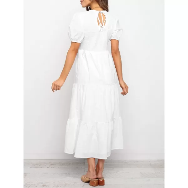 ZESICA Womens 2024 Casual Summer Crew Neck Short Puff Sleeve Smocked High Waist Ruffle Tiered A Line Midi DressWhite