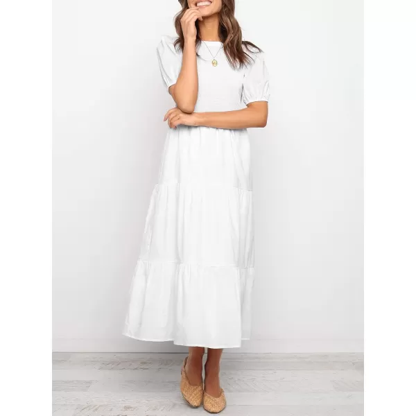 ZESICA Womens 2024 Casual Summer Crew Neck Short Puff Sleeve Smocked High Waist Ruffle Tiered A Line Midi DressWhite