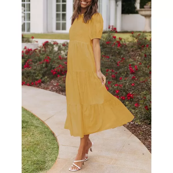 ZESICA Womens 2024 Casual Summer Crew Neck Short Puff Sleeve Smocked High Waist Ruffle Tiered A Line Midi DressYellow