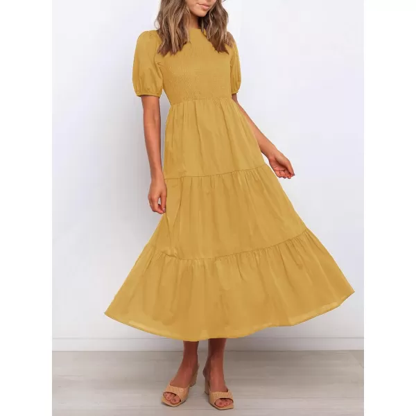 ZESICA Womens 2024 Casual Summer Crew Neck Short Puff Sleeve Smocked High Waist Ruffle Tiered A Line Midi DressYellow