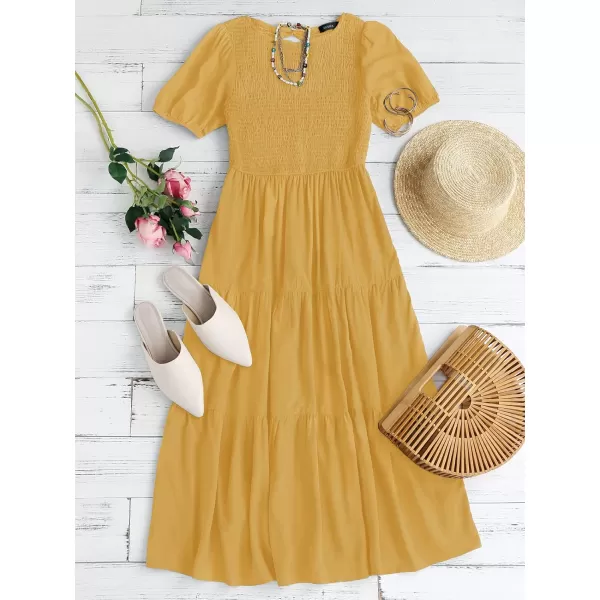 ZESICA Womens 2024 Casual Summer Crew Neck Short Puff Sleeve Smocked High Waist Ruffle Tiered A Line Midi DressYellow