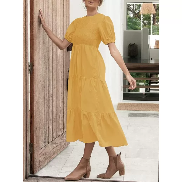 ZESICA Womens 2024 Casual Summer Crew Neck Short Puff Sleeve Smocked High Waist Ruffle Tiered A Line Midi DressYellow