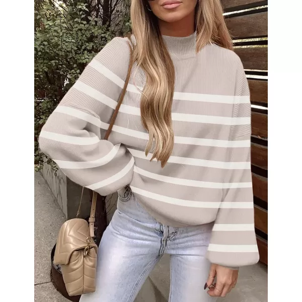 ZESICA Womens 2024 Fall Fashion Turtleneck Long Sleeve Striped Ribbed Knit Loose Pullover Sweater TopsAlmond