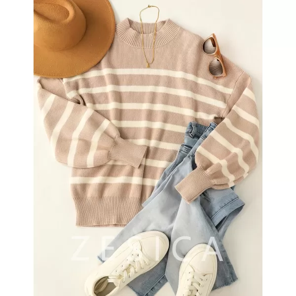ZESICA Womens 2024 Fall Fashion Turtleneck Long Sleeve Striped Ribbed Knit Loose Pullover Sweater TopsAlmond