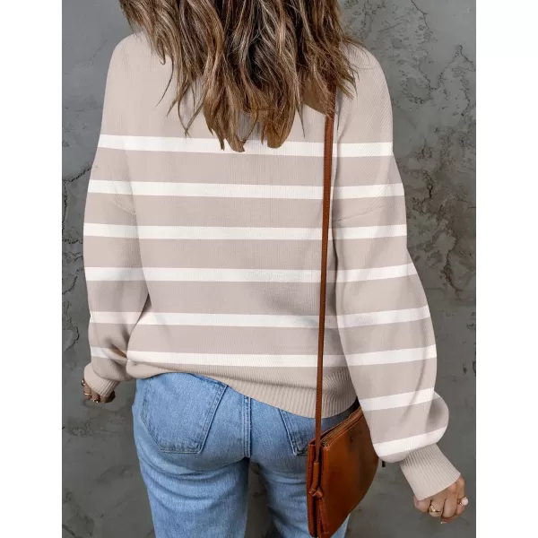 ZESICA Womens 2024 Fall Fashion Turtleneck Long Sleeve Striped Ribbed Knit Loose Pullover Sweater TopsAlmond