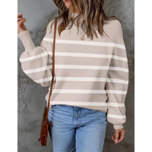 ZESICA Womens 2024 Fall Fashion Turtleneck Long Sleeve Striped Ribbed Knit Loose Pullover Sweater TopsAlmond