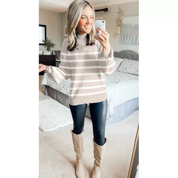 ZESICA Womens 2024 Fall Fashion Turtleneck Long Sleeve Striped Ribbed Knit Loose Pullover Sweater TopsAlmond