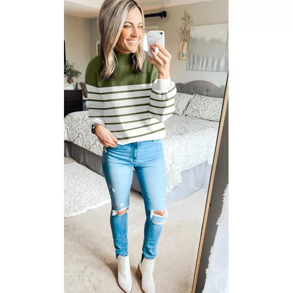 ZESICA Womens 2024 Fall Fashion Turtleneck Long Sleeve Striped Ribbed Knit Loose Pullover Sweater TopsArmygreen