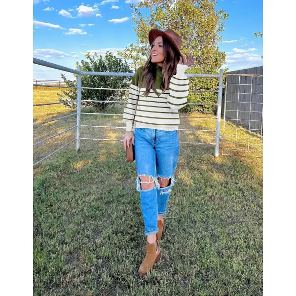 ZESICA Womens 2024 Fall Fashion Turtleneck Long Sleeve Striped Ribbed Knit Loose Pullover Sweater TopsArmygreen