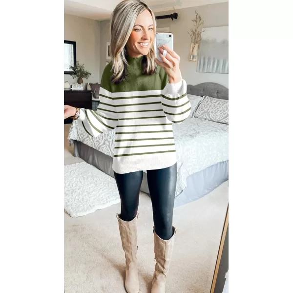 ZESICA Womens 2024 Fall Fashion Turtleneck Long Sleeve Striped Ribbed Knit Loose Pullover Sweater TopsArmygreen