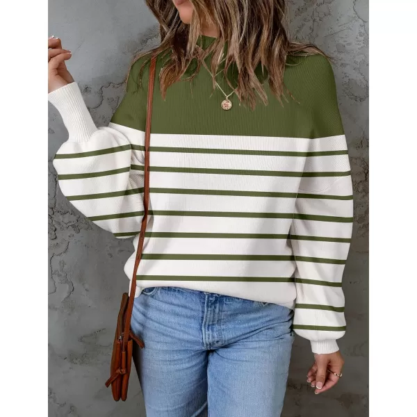 ZESICA Womens 2024 Fall Fashion Turtleneck Long Sleeve Striped Ribbed Knit Loose Pullover Sweater TopsArmygreen