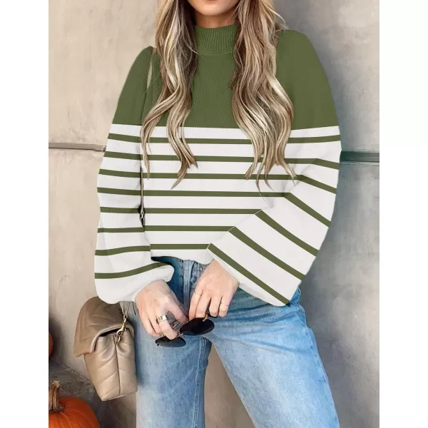 ZESICA Womens 2024 Fall Fashion Turtleneck Long Sleeve Striped Ribbed Knit Loose Pullover Sweater TopsArmygreen